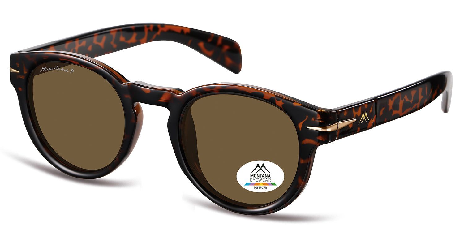Occhiali da sole, lenti marroni, montatura tartarugata. Logo Montana Eyewear ed etichetta Polarized.