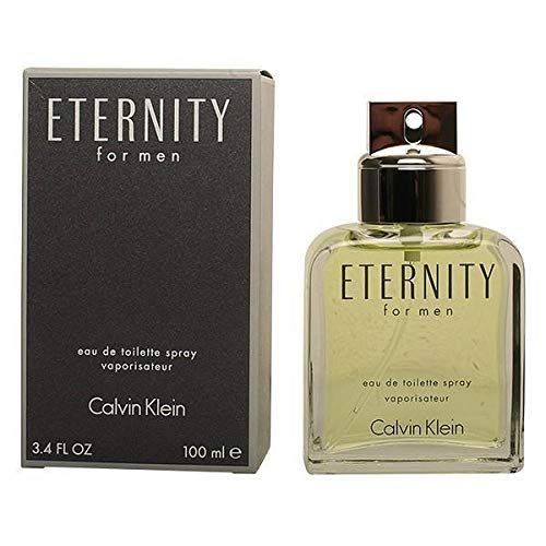 Flacone in vetro e confezione. Scritta: Eternity for Men, Eau de Toilette, Calvin Klein. 3.4 FL OZ, 100 ml.