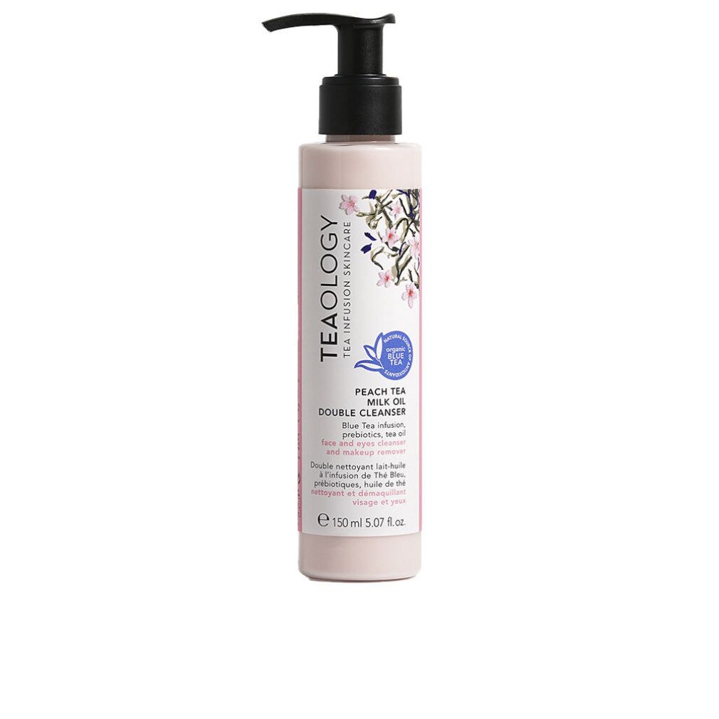 Flacone rosa con erogatore nero. Scritte: Teaology, Peach Tea Milk Oil Double Cleanser. Design floreale e logo.