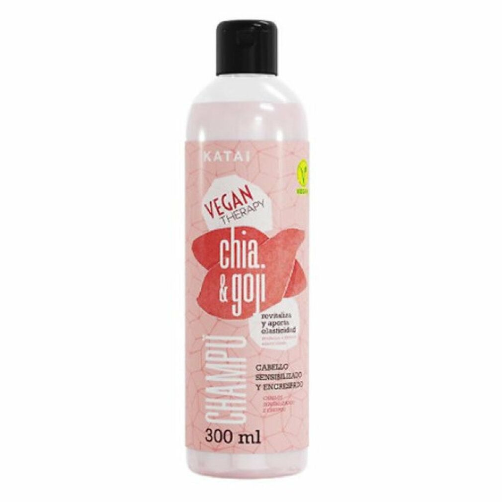 Flacone di shampoo Katai Chia & Goji. Etichetta rosa con testo e logo. Tappo nero. Sigillo vegano.