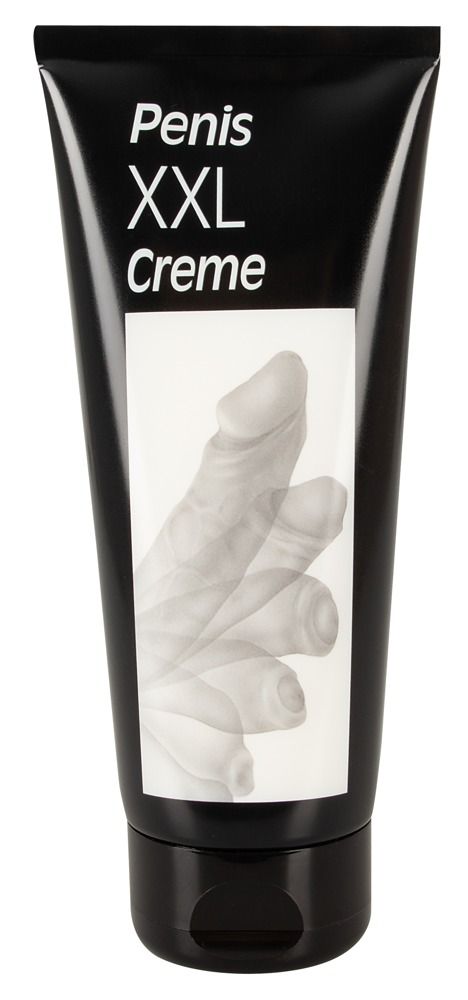 Tubo nero con etichetta bianca. Scritta: Penis XXL Creme. Illustrazione di un pene.