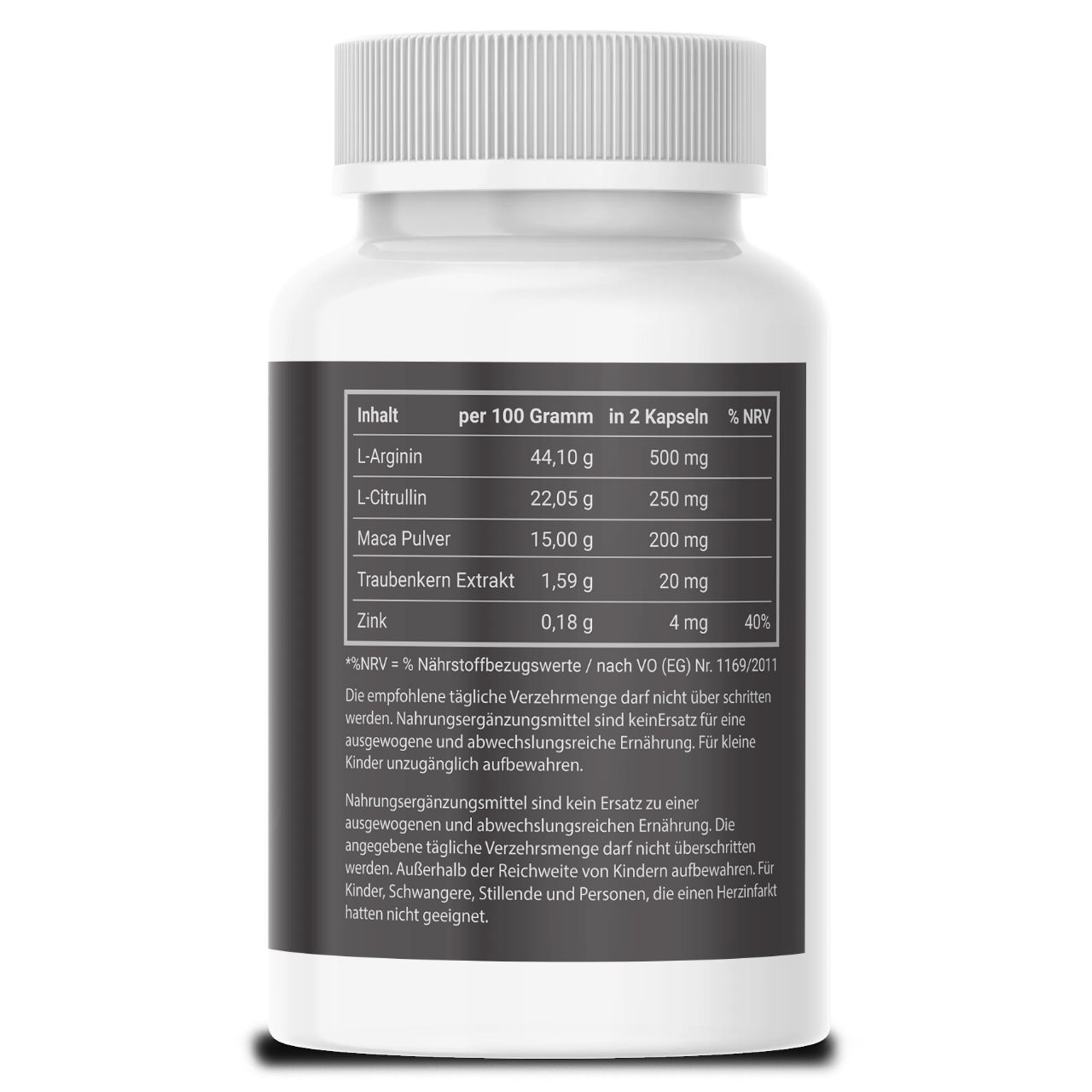 Retro del flacone con tabella nutrizionale. Contiene L-Arginina, L-Citrullina, Maca Pulver, estratto di semi d'uva e zinco.
