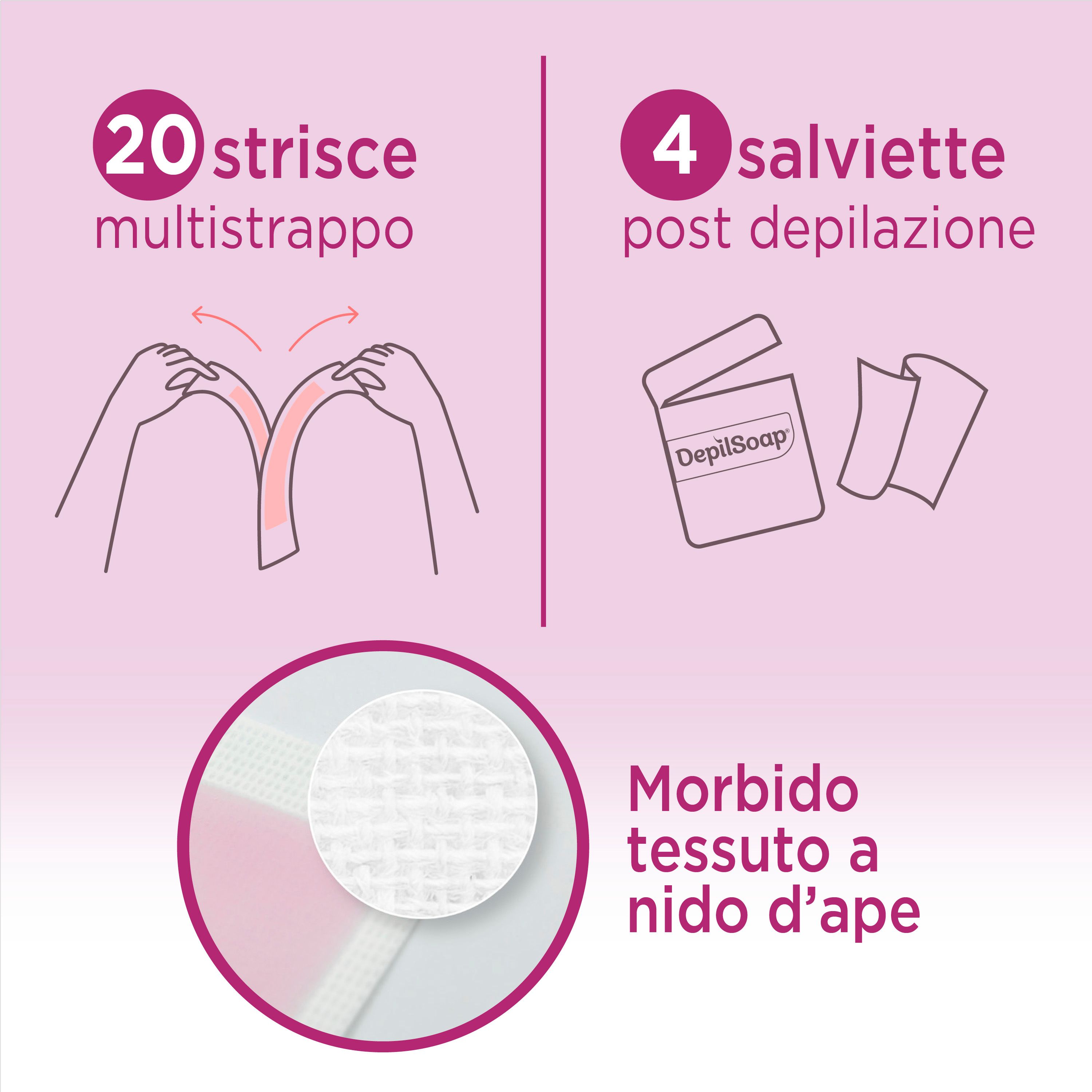 Illustrazione: 20 strisce multiuso, 4 salviette post depilazione. Dettaglio: tessuto a nido d'ape morbido.