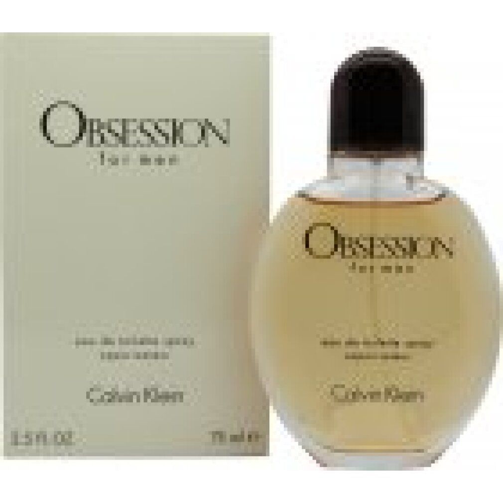 Flacone e confezione di Obsession for men Eau de Toilette. Flacone rotondo, vetro marrone chiaro. Scatola beige con nome e logo.