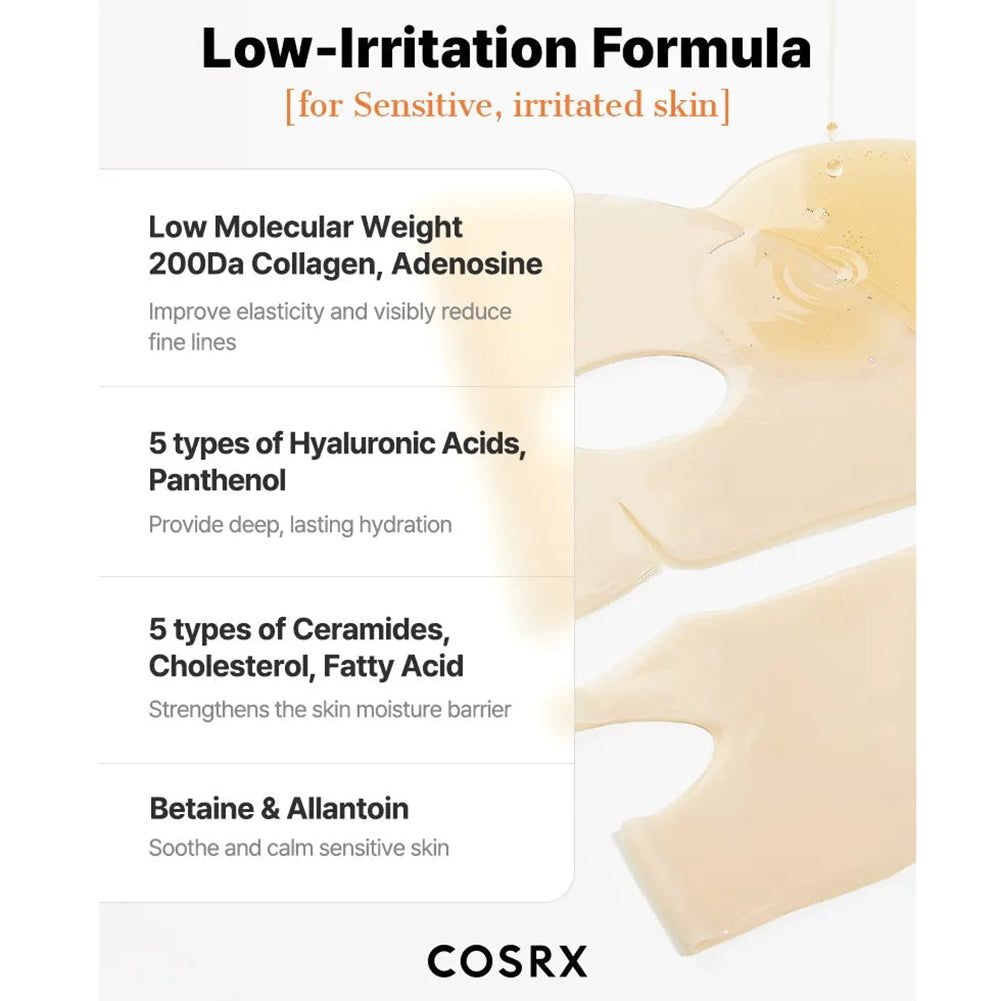 Maschera idrogel con testo sulla formula a bassa irritazione per pelli sensibili e ingredienti.