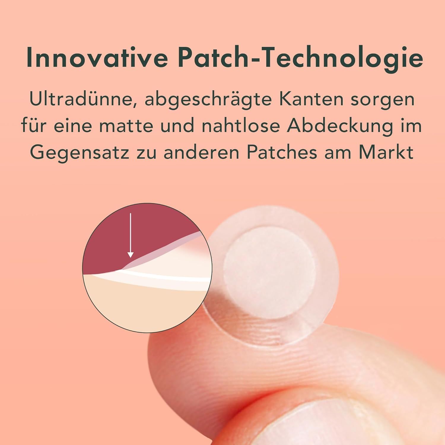 Primo piano di un cerotto su un dito. Testo: Tecnologia innovativa del cerotto. Bordi smussati ultrasottili.