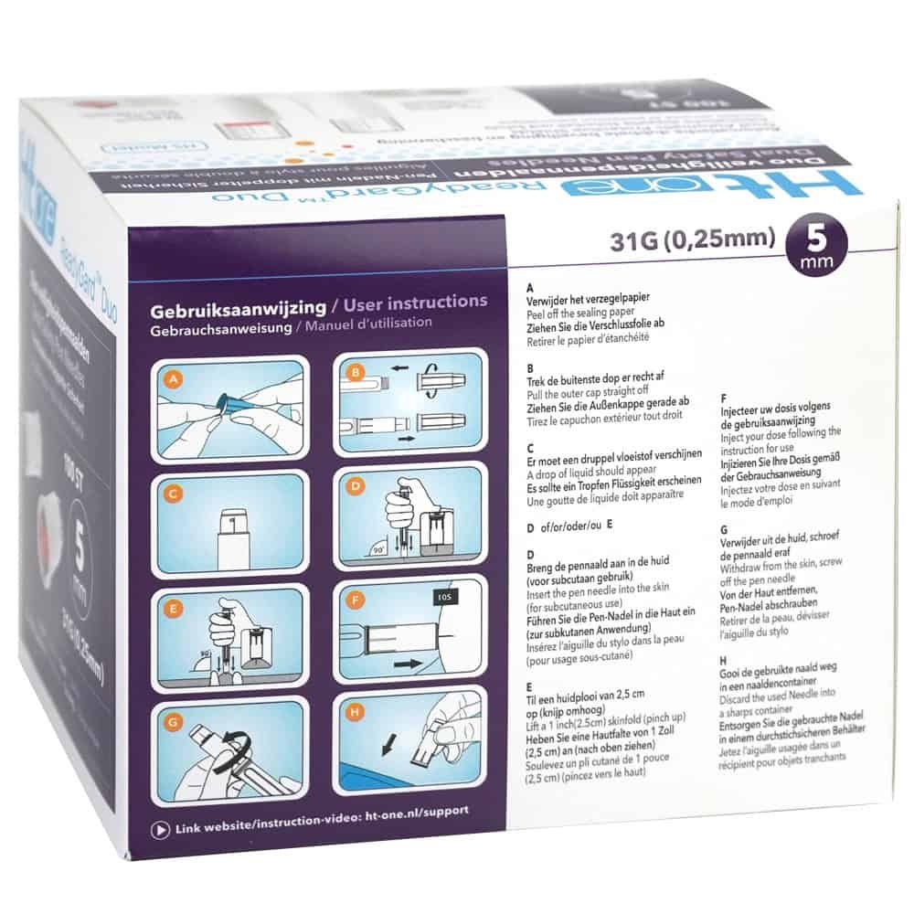 Confezione di aghi di sicurezza HT One ReadyGard Duo con istruzioni per l'uso e illustrazioni.