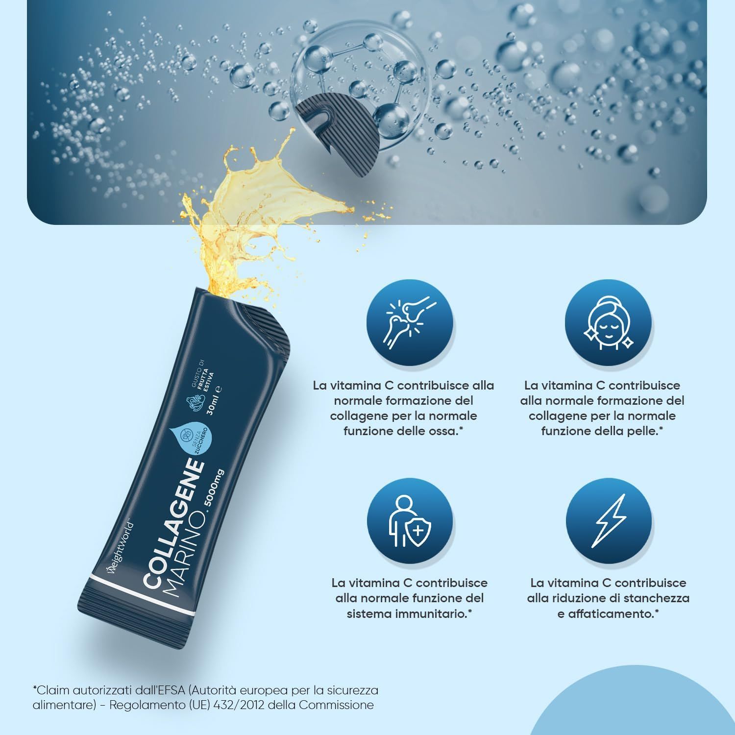 Bustina blu con testo: Collagene Marino. Testo: 5000mg, 30ml per bustina. Immagini: ossa, pelle, sistema immunitario, affaticamento.