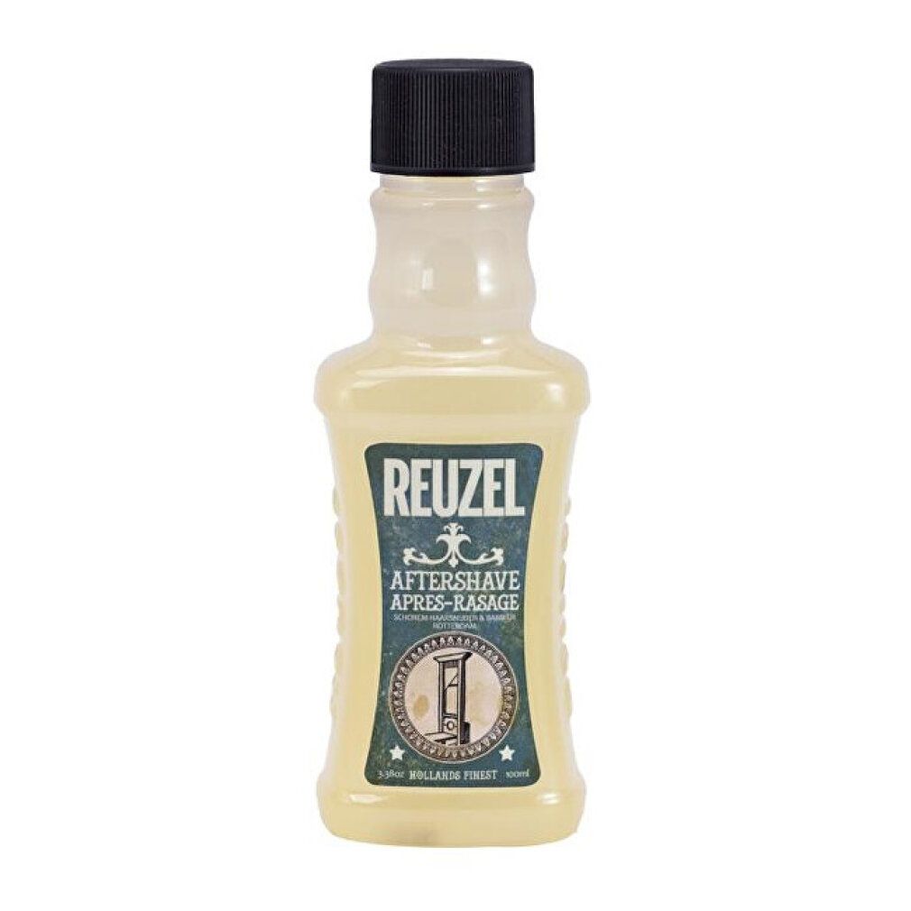 Flacone dopobarba Reuzel con tappo nero. Liquido giallo visibile.