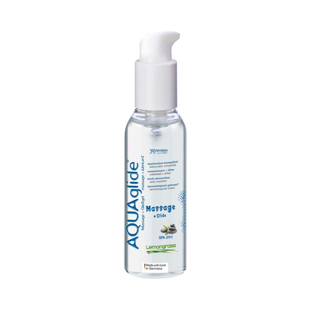 Flacone trasparente con erogatore bianco. Scritta AQUAglide, Massage + Glide, Lemongrass. Prodotto in Germania.