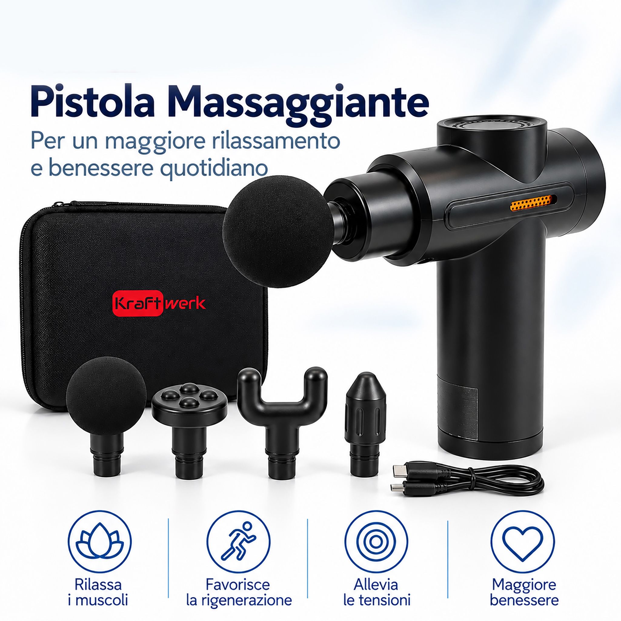 Pistola massaggiante nera con testina rotonda e indicatore di carica.