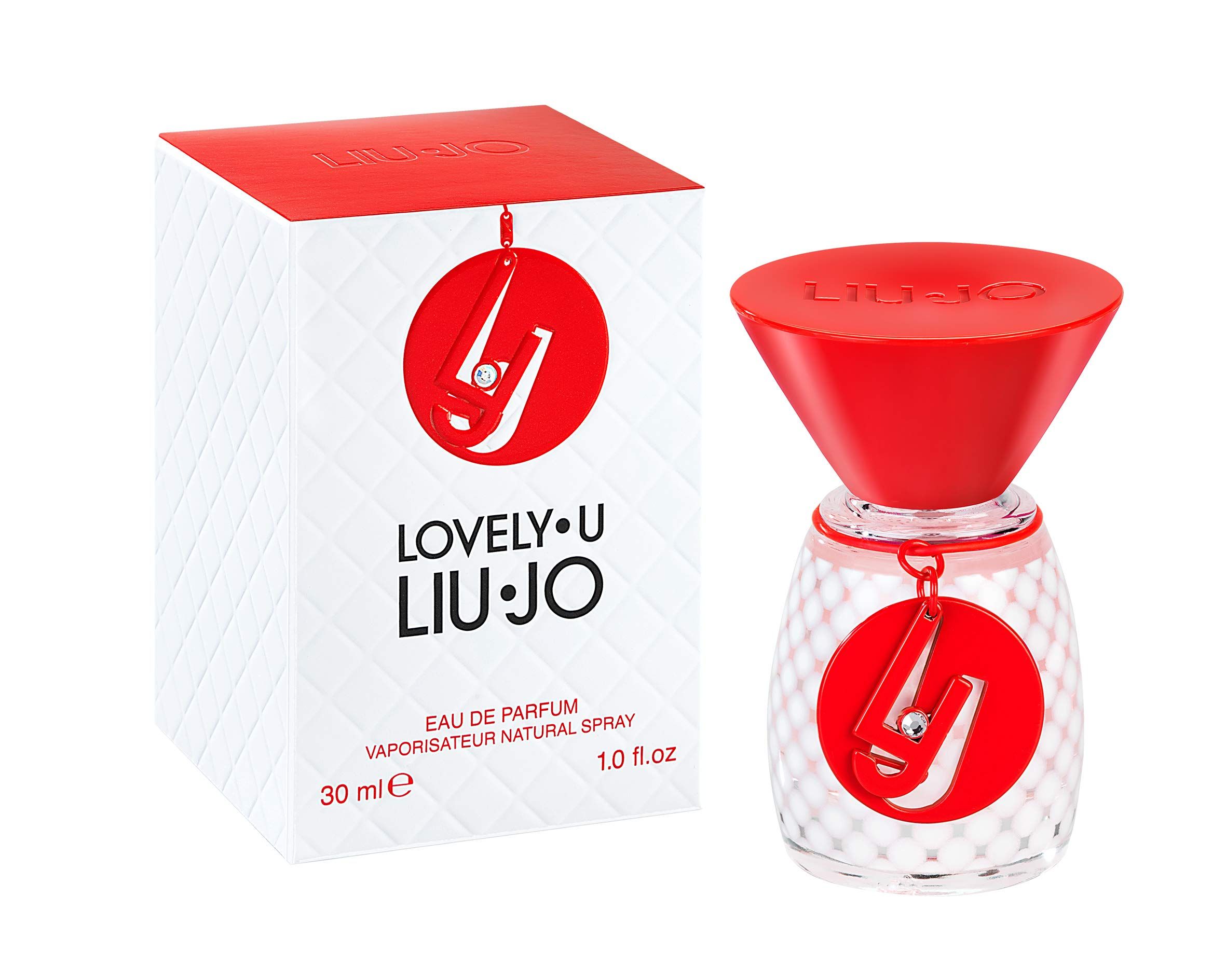 Flacone di profumo e confezione. Tappo rosso, vetro bianco con logo rosso. Confezione con logo e testo.