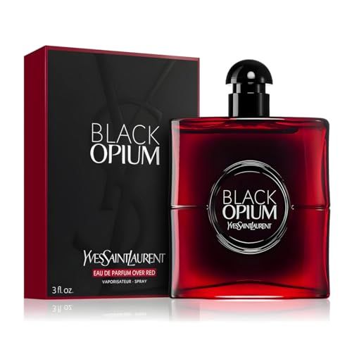 Flacone rosso con tappo nero e confezione. Scritta: Black Opium, Yves Saint Laurent.