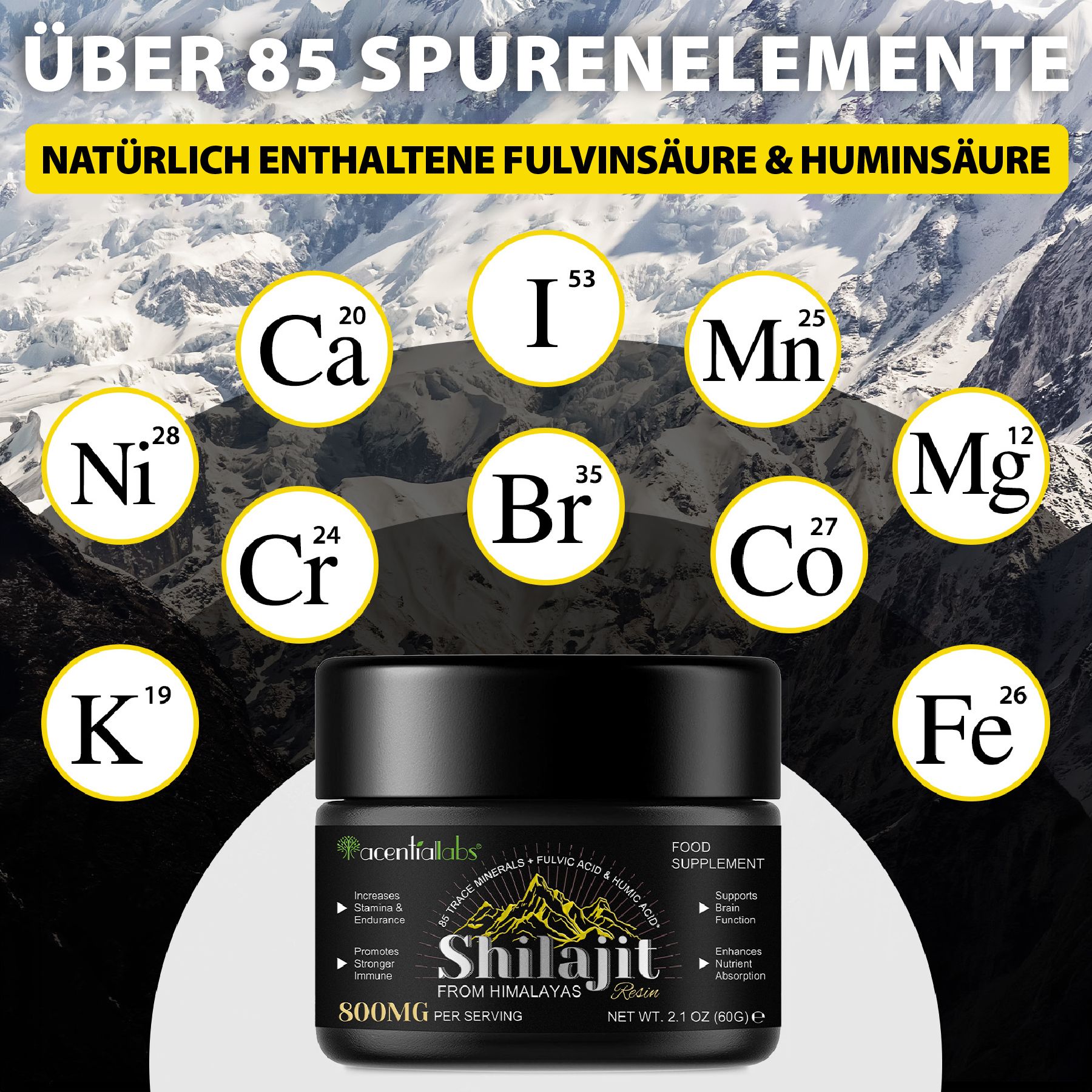 Vasetto di Shilajit. Testo: Oltre 85 oligoelementi. Acido fulvico e umico naturali. acentialabs.