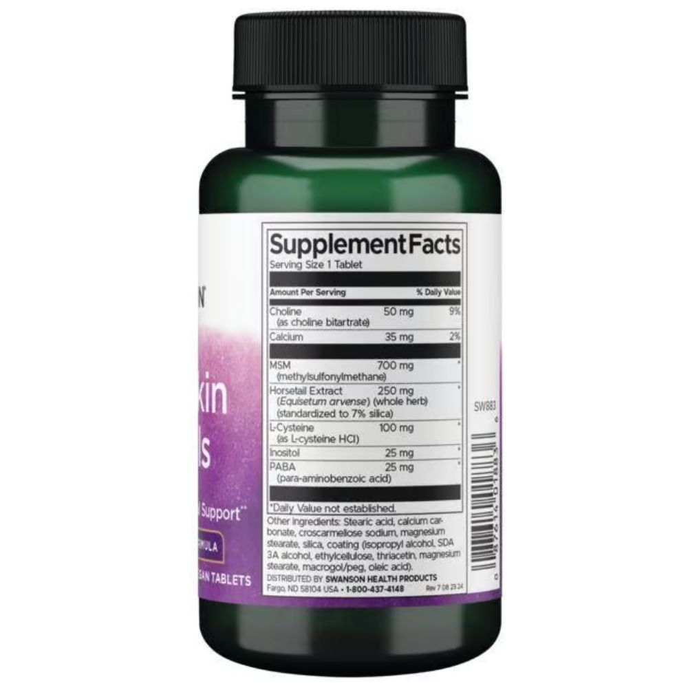 Etichetta Supplement Facts su una bottiglia verde con tappo nero. Contiene informazioni nutrizionali e ingredienti.