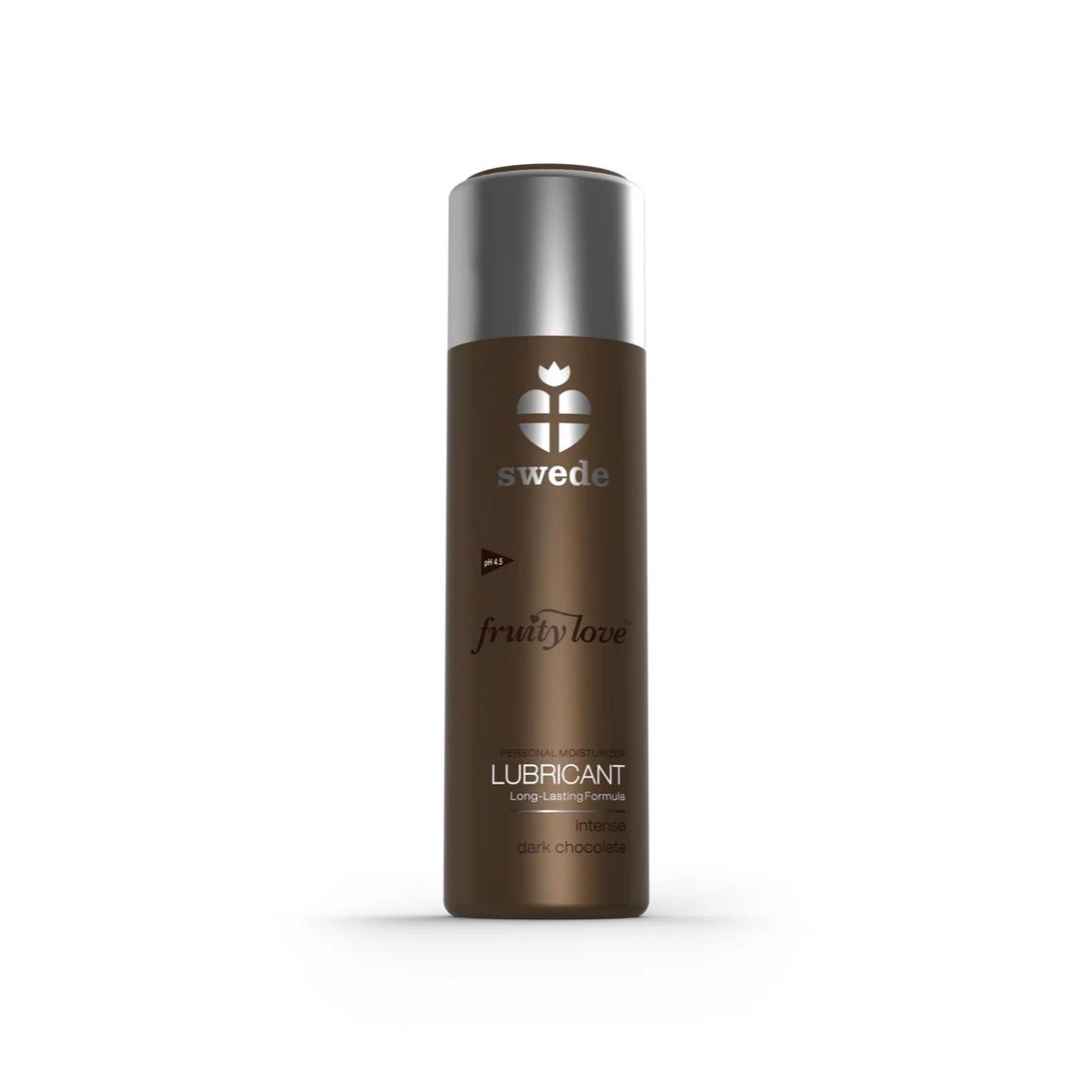 Flacone marrone con tappo argentato. Scritta: swede, fruity love, LUBRICANT, dark chocolate. Sfondo bianco.