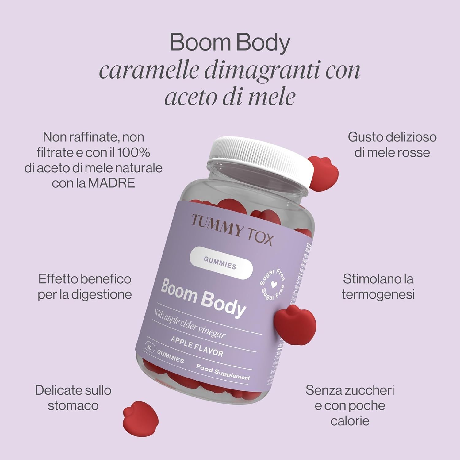 Confezione di caramelle gommose Boom Body. Contiene aceto di mele. Caramelle rosse a forma di cuore.