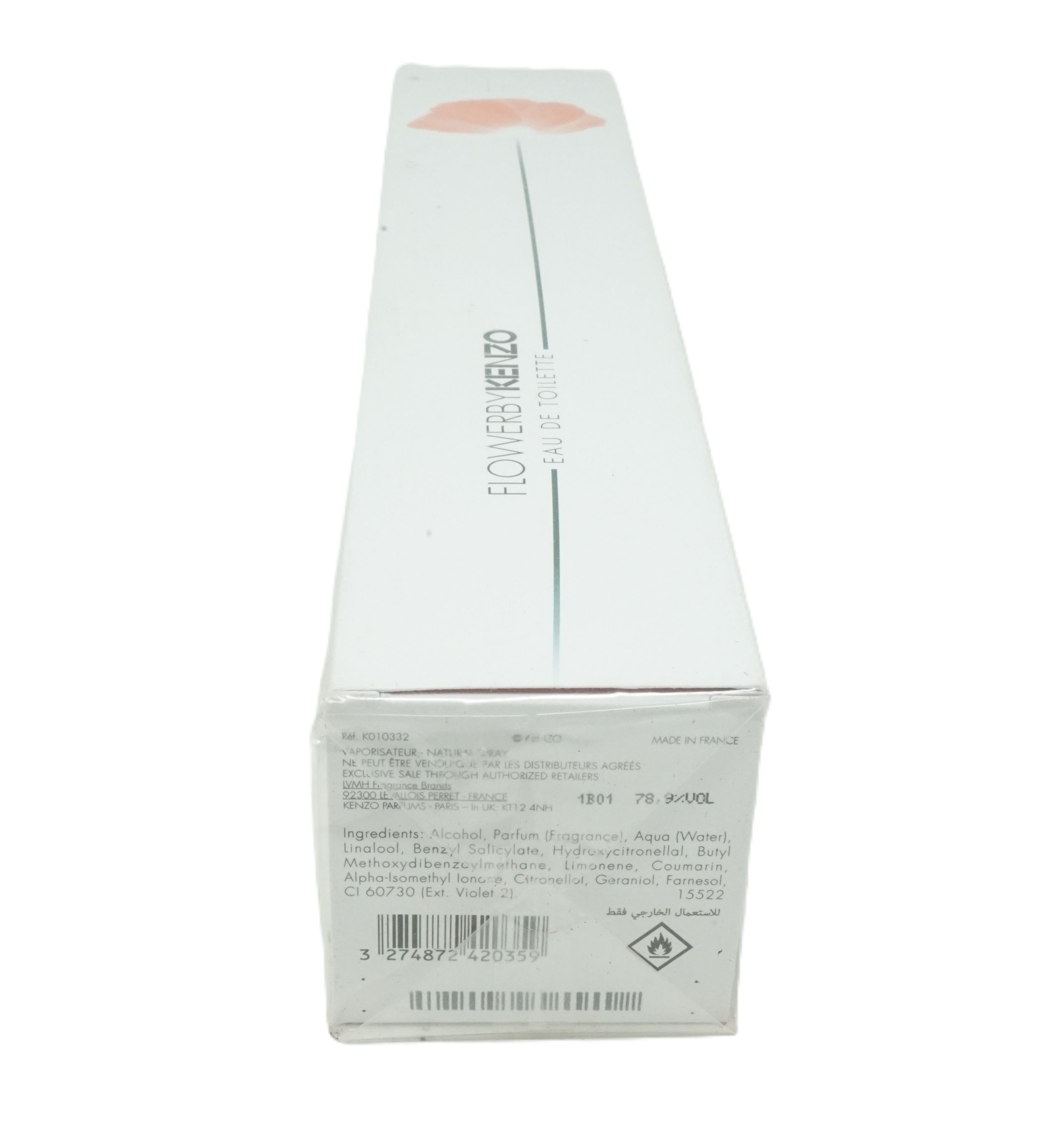Confezione Kenzo Flower Eau de Toilette. Scatola bianca con fiore rosso e testo. Ingredienti e codice a barre sul fondo.