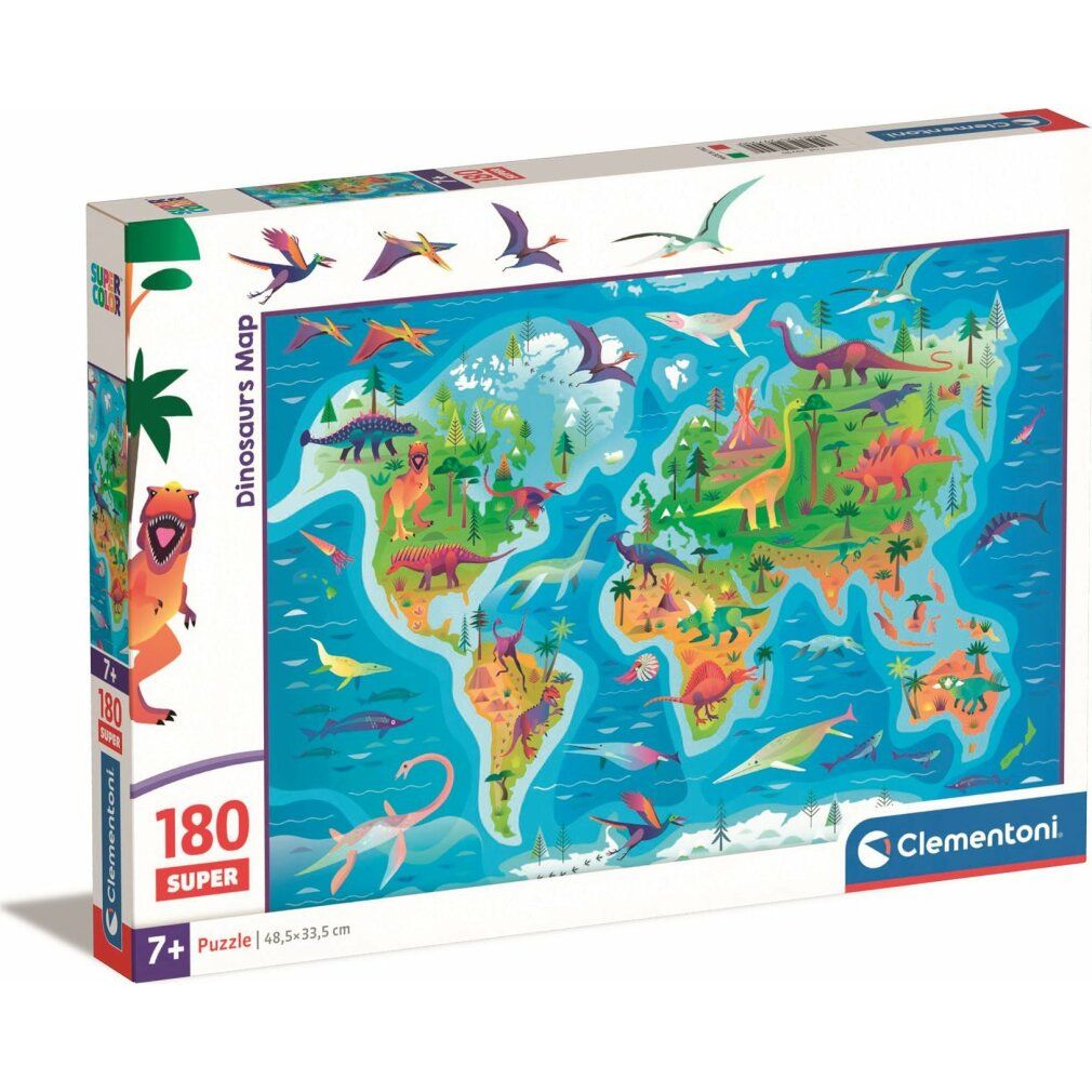 Clementoni Puzzle Mappa dei dinosauri, 180 pezzi. La confezione mostra il motivo del puzzle e le informazioni sul prodotto. Età consigliata: 7+.