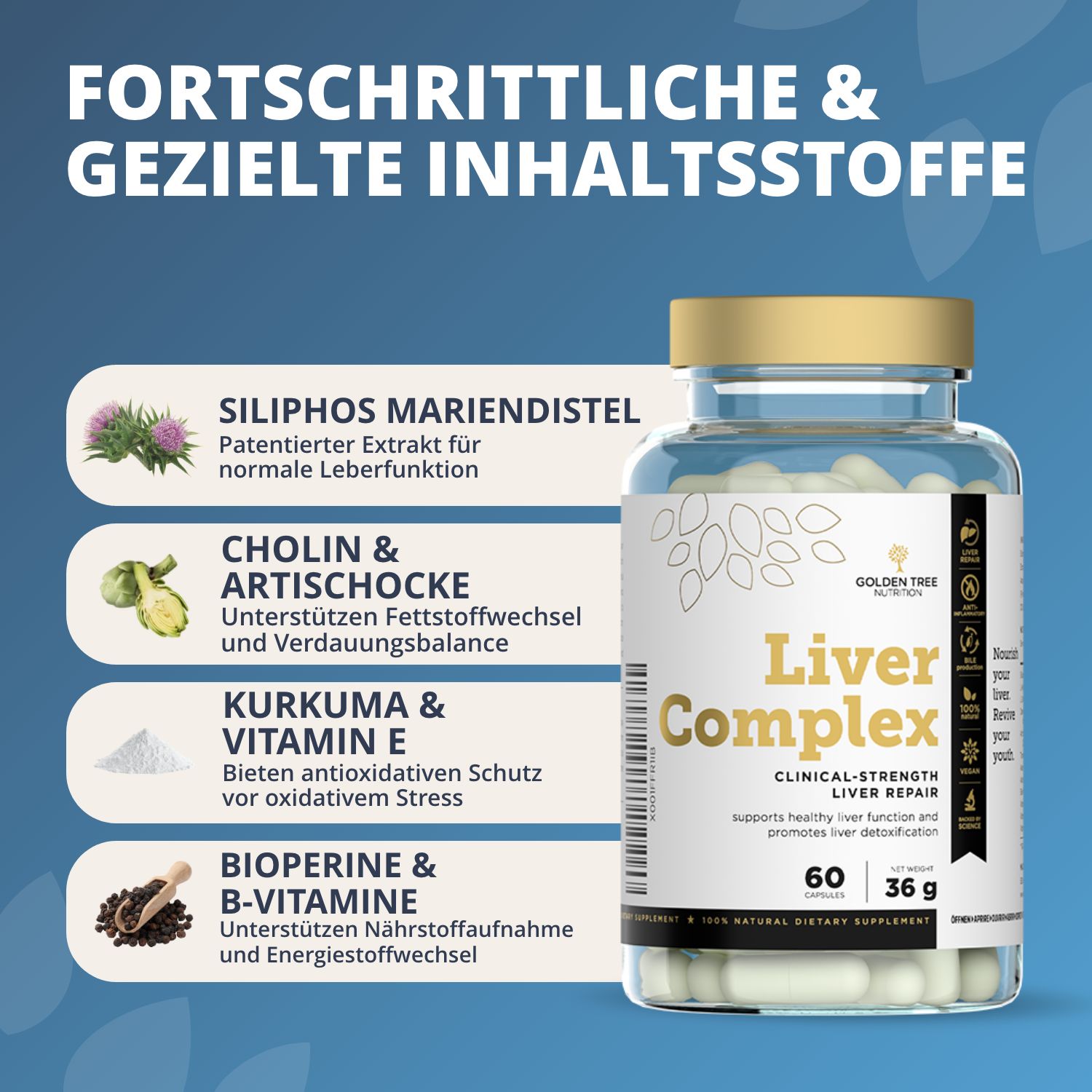 Flacone Golden Tree Liver Complex con elenco dettagliato degli ingredienti come cardo mariano e vitamina E.
