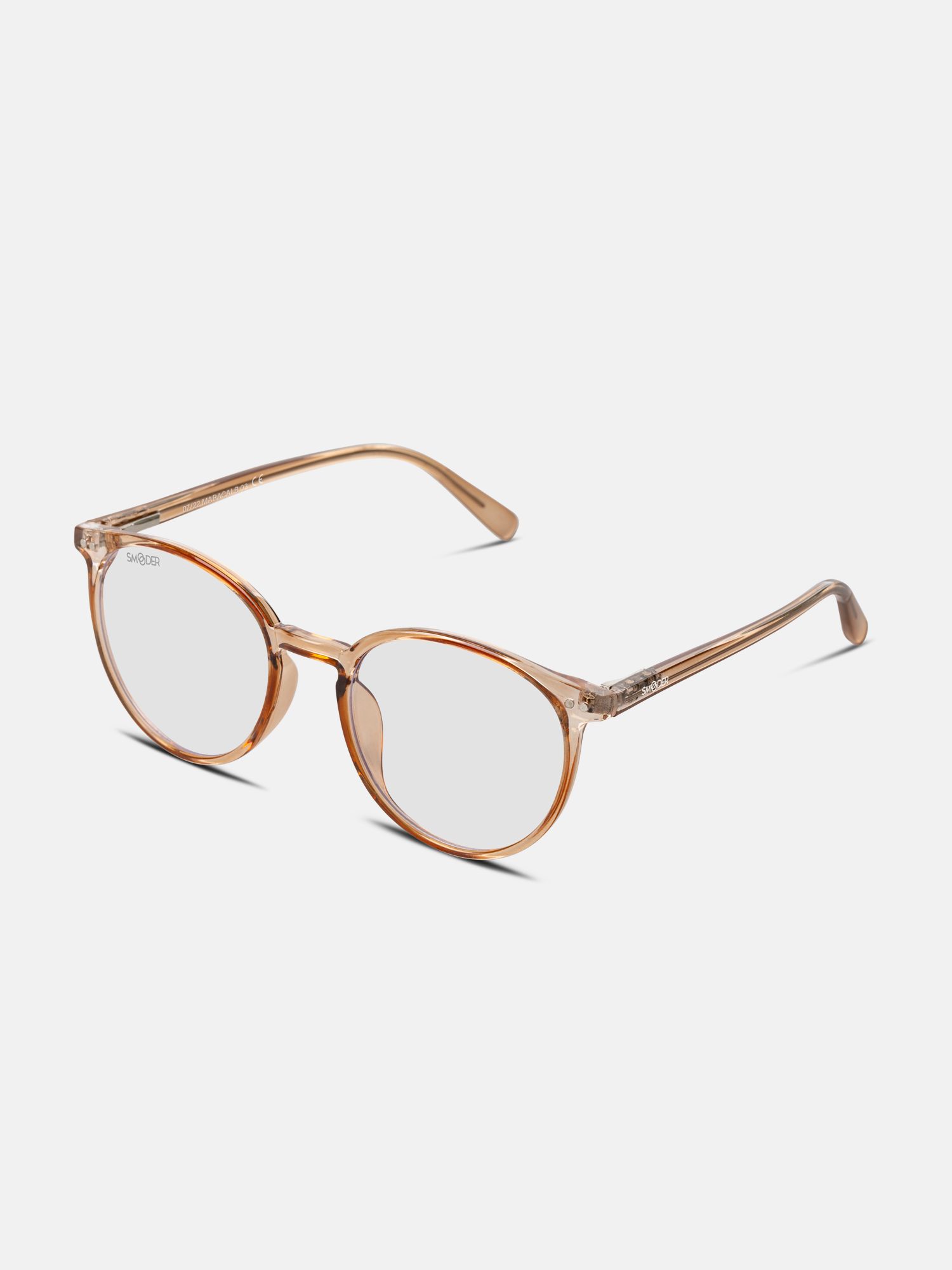 Occhiali marroni chiari con montatura rotonda. Aste e montatura trasparenti. Marchio: Smooder.