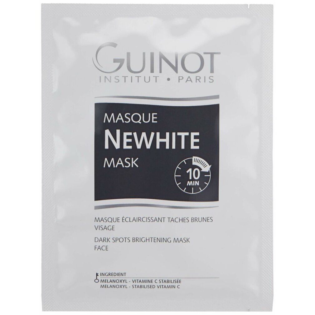 Confezione singola Guinot Newhite Mask. Scritta: Newhite, Masque, 10 Min. Marchio: Guinot. Descrizione: Masque Éclaircissant Taches Brunes, Face.