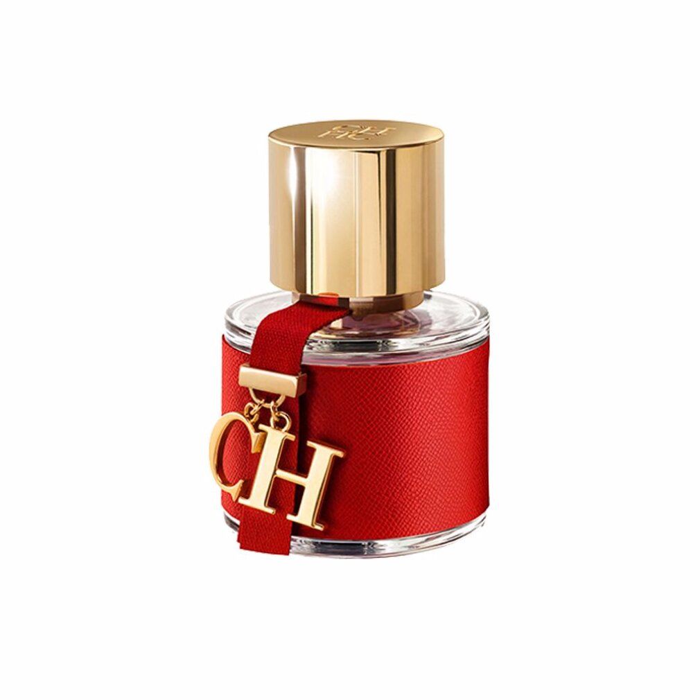 Flacone rotondo in vetro con fascia rossa e tappo dorato. Ciondolo dorato con "CH".