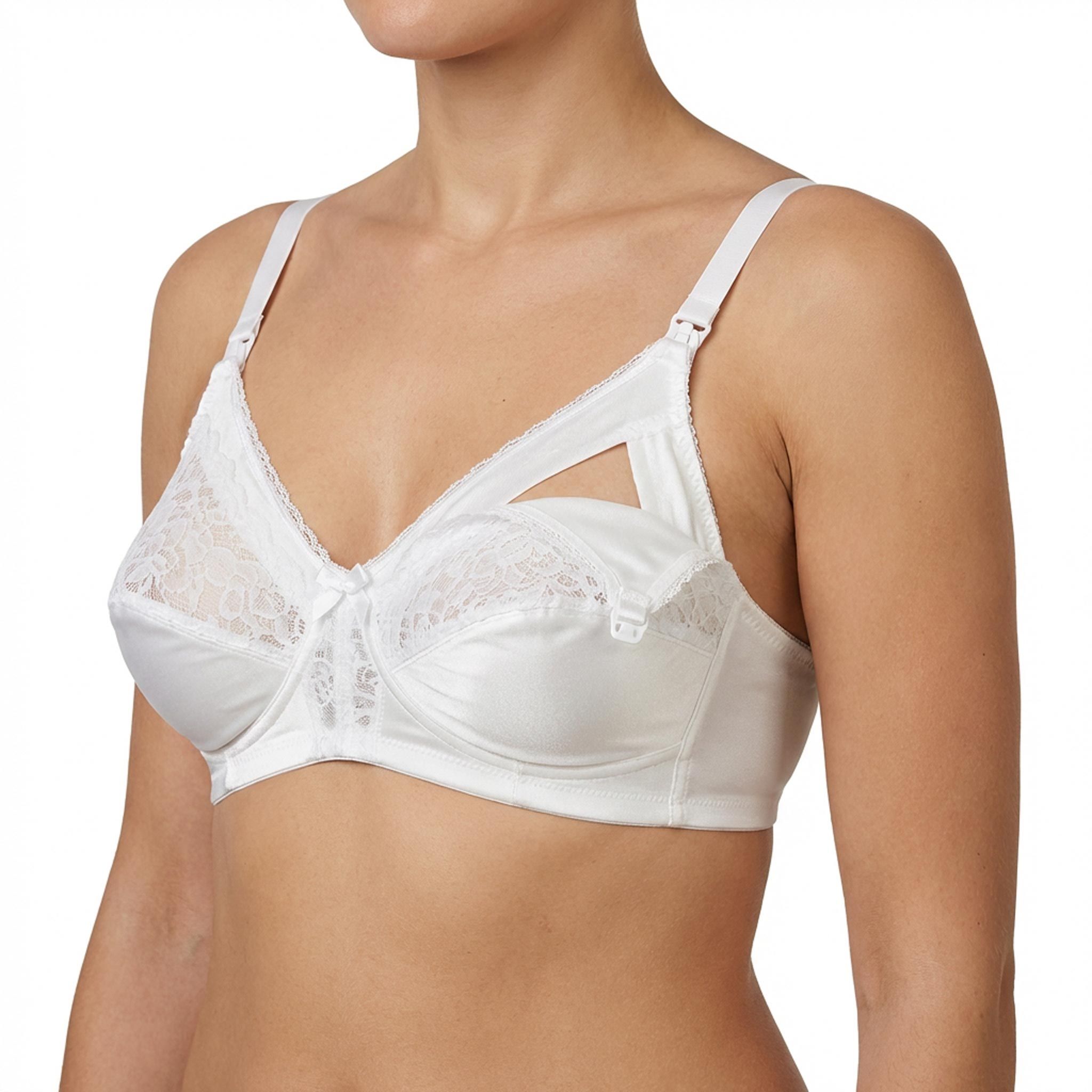 Reggiseno allattamento bianco con pizzo. Spalline regolabili, pizzo sulle coppe. Primo piano.