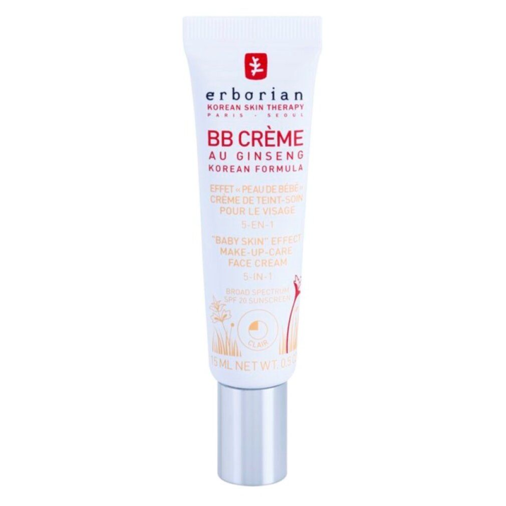 Tubo bianco con testo rosso e nero. Scritta: BB Crème au Ginseng. Tappo argentato. Scritto: Clair.