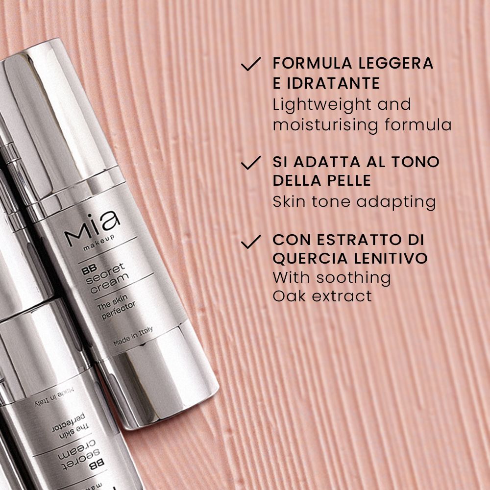Flaconi Mia Make-up BB Secret Cream con testo sui benefici.