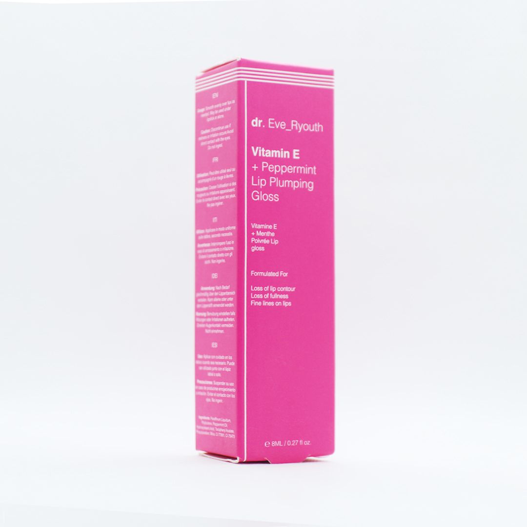 Confezione rosa con scritta: Dr. Eve_Ryouth, Vitamina E + Menta piperita Lip Plumping Gloss. Testo multilingue.