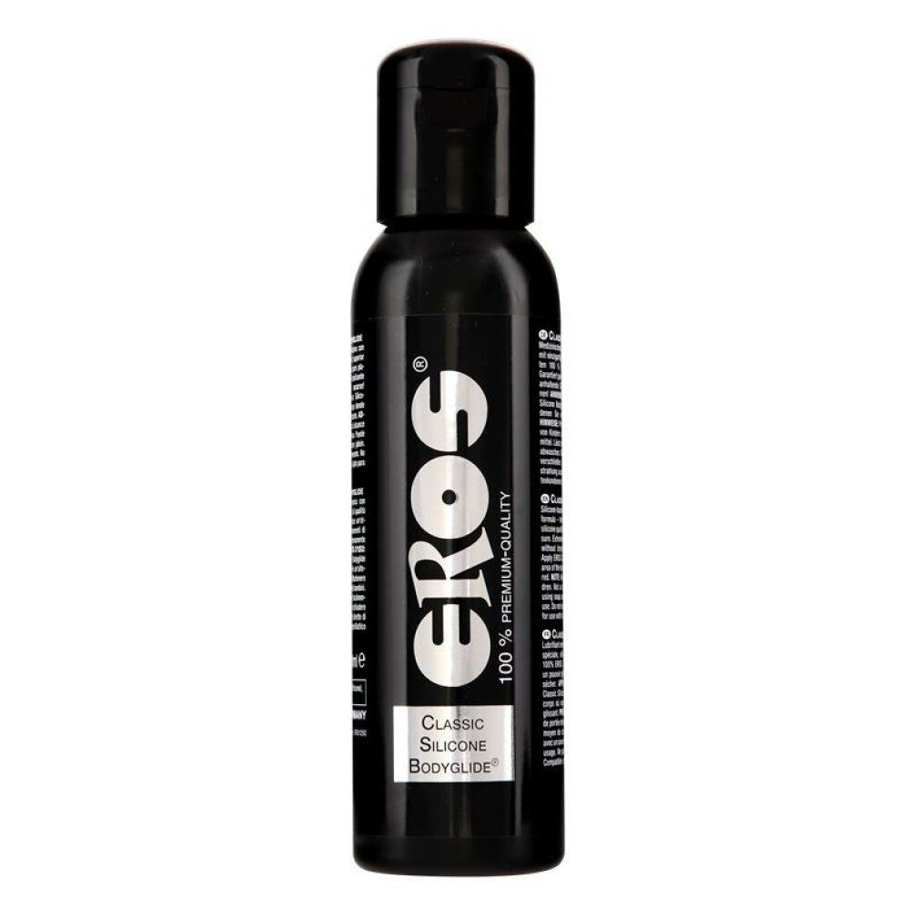 Flacone nero con tappo nero. Scritta "eros" e "CLASSIC SILICONE Bodyglide".