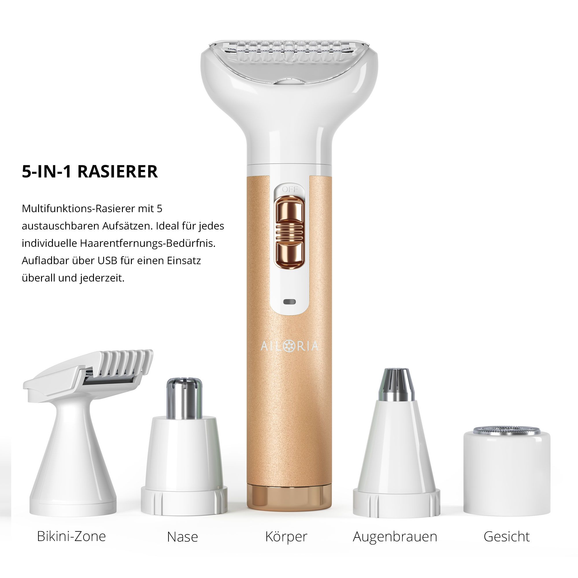 Rasoio con diverse testine. Corpo dorato, testa bianca. Testine: zona bikini, naso, corpo, sopracciglia, viso.