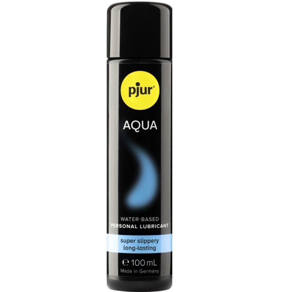 Flacone nero con sfumatura blu. Scritta: pjur AQUA. Testo: water-based personal lubricant, super slippery long lasting.