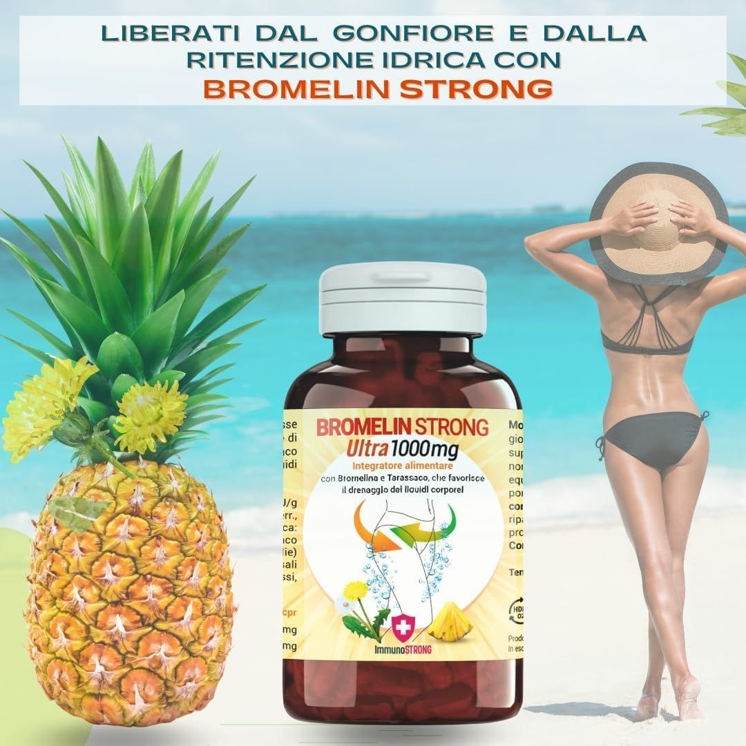 Flacone marrone con capsule. Scritta: BROMELIN STRONG Ultra 1000mg. Immagine di ananas e donna in spiaggia.