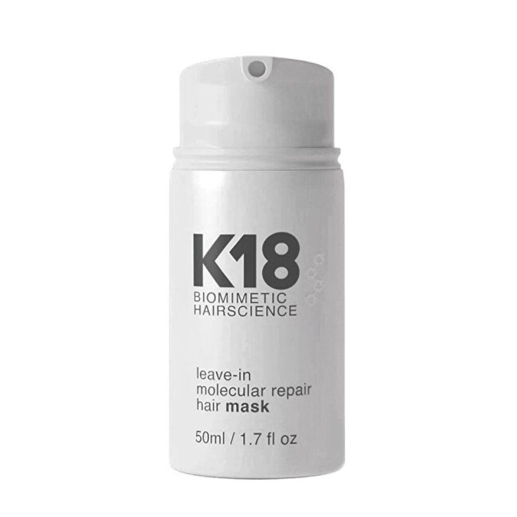 Flacone bianco con logo K18 e testo. Contiene: Leave-in Molecular Repair Hair Mask. Volume: 50ml / 1.7 fl oz.