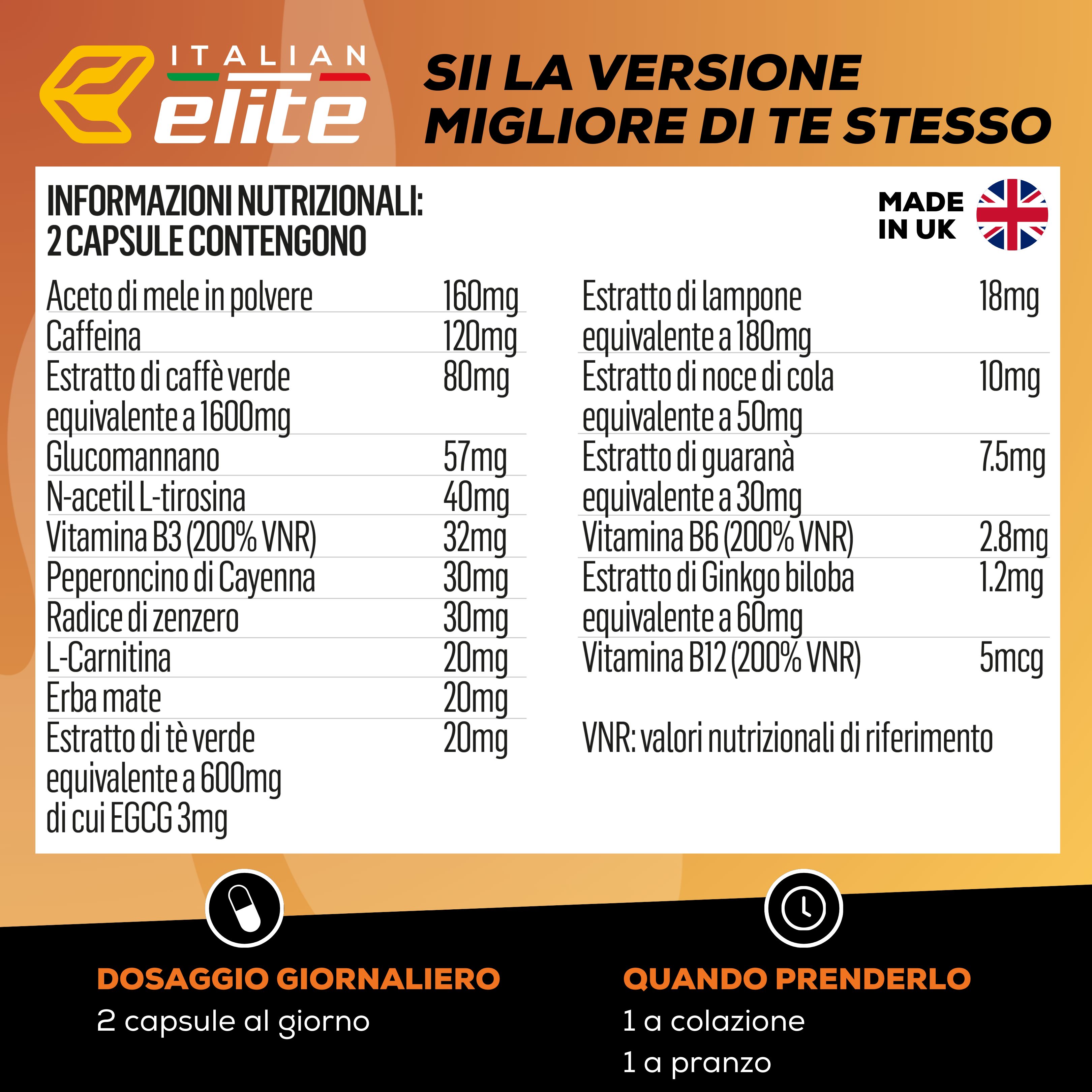 Tabella nutrizionale. Contiene informazioni sugli ingredienti come aceto di mele, caffeina, estratto di tè verde. Dosaggio: 2 capsule al giorno.