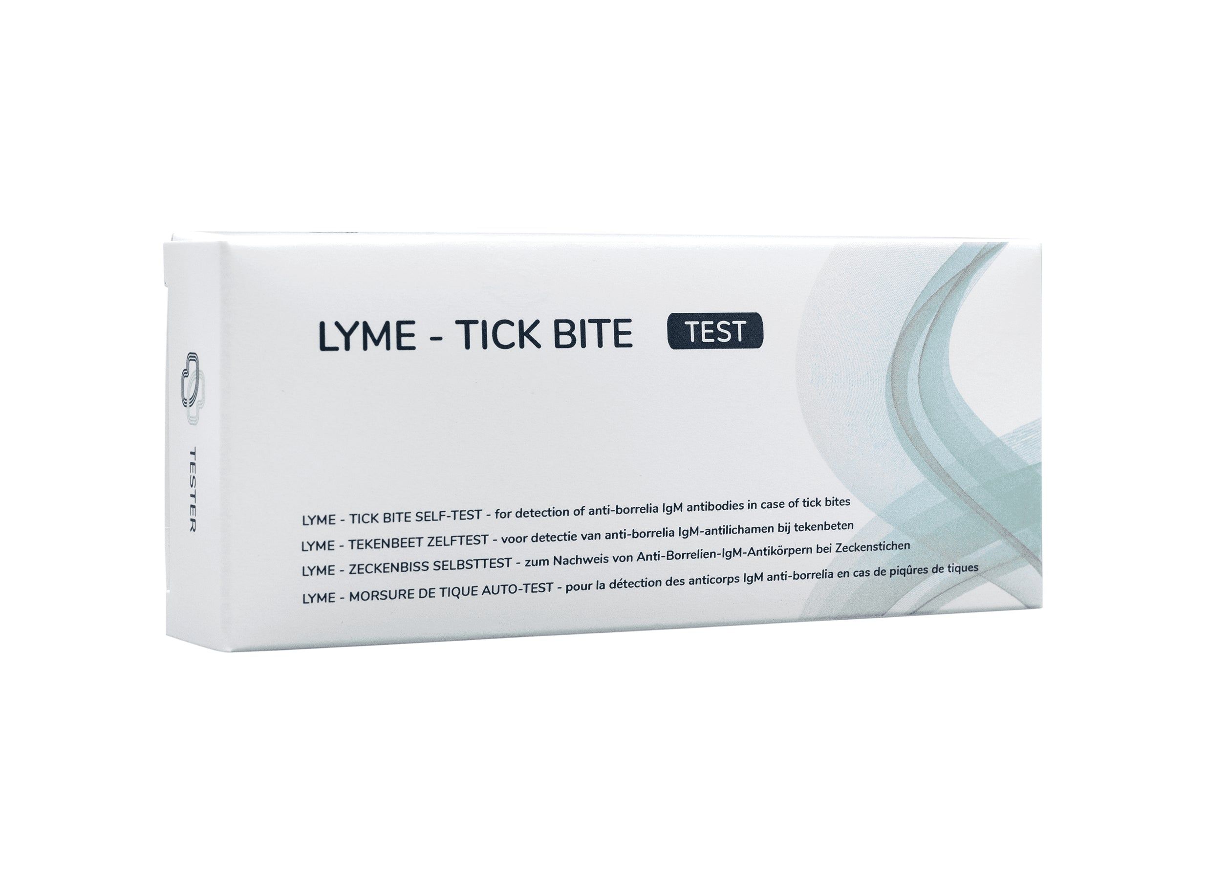 Confezione del test per la malattia di Lyme con informazioni multilingue per il rilevamento di anticorpi dopo puntura di zecca.