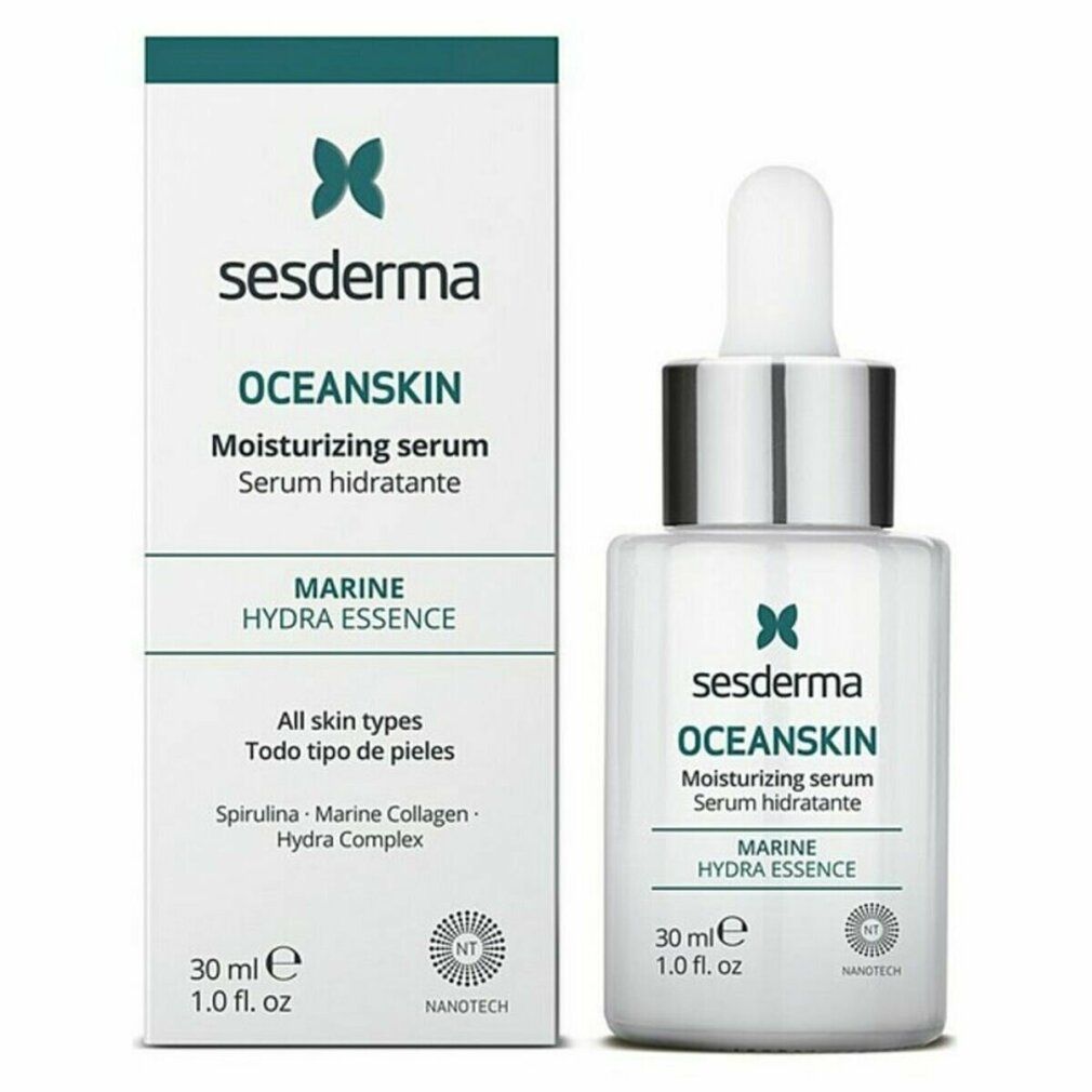 Siero Sesderma Oceanskin e confezione. Flacone bianco con pipetta, accanto scatola. Testo: Oceanskin, Marine Hydra Essence, 30 ml.