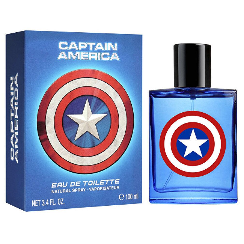 Flacone e scatola blu. Design scudo con stella. Scritta: Captain America, Marvel, Eau de Toilette.