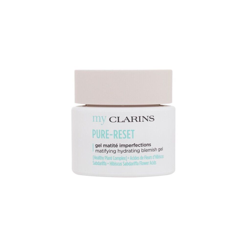 Vaso bianco con coperchio beige. Scritta: my CLARINS PURE-RESET, gel matité imperfections, matifying hydrating blemish gel.
