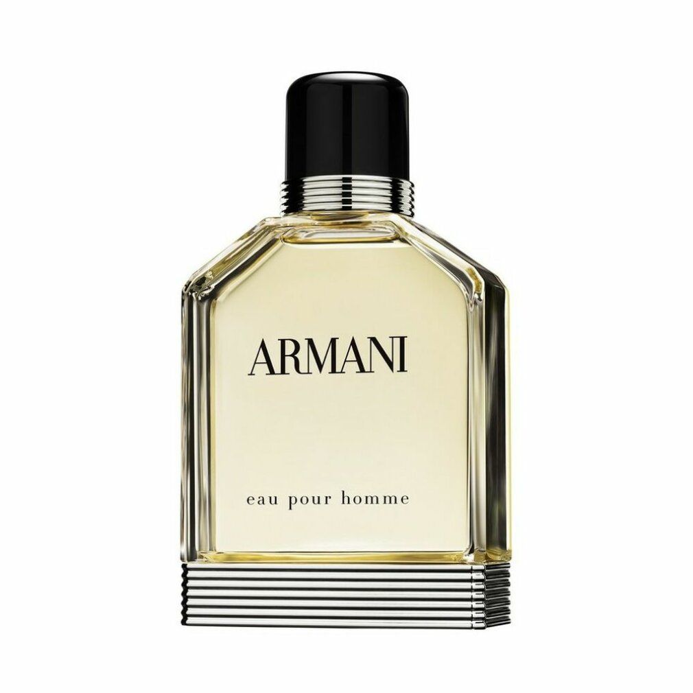 Flacone Giorgio Armani Eau pour Homme. Forma squadrata, tappo nero. Strisce argentate e nere alla base. Scritta Armani e eau pour homme.