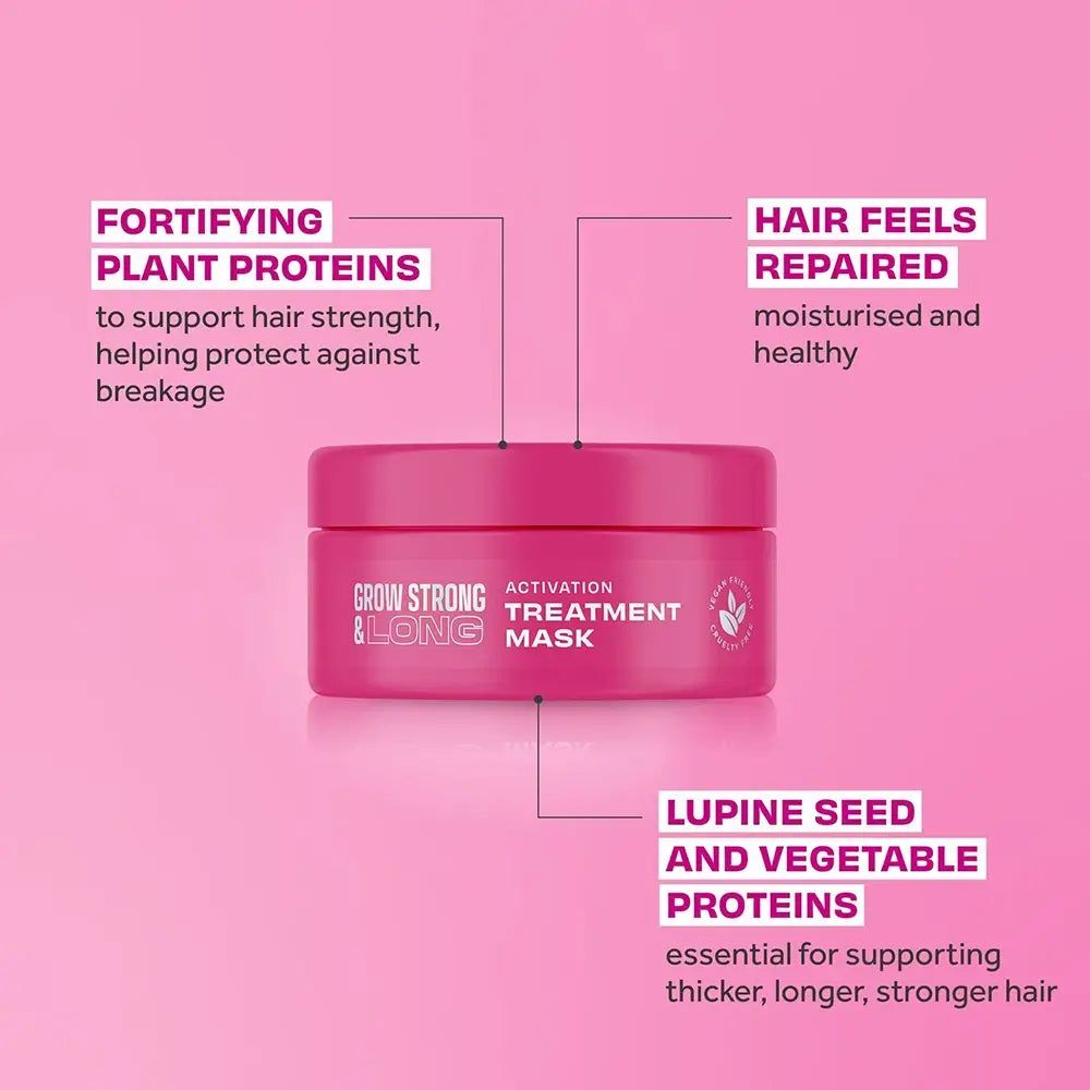 Vasetto rosa con campi di testo su 'Fortifying Plant Proteins' e 'Hair Feels Repaired'.