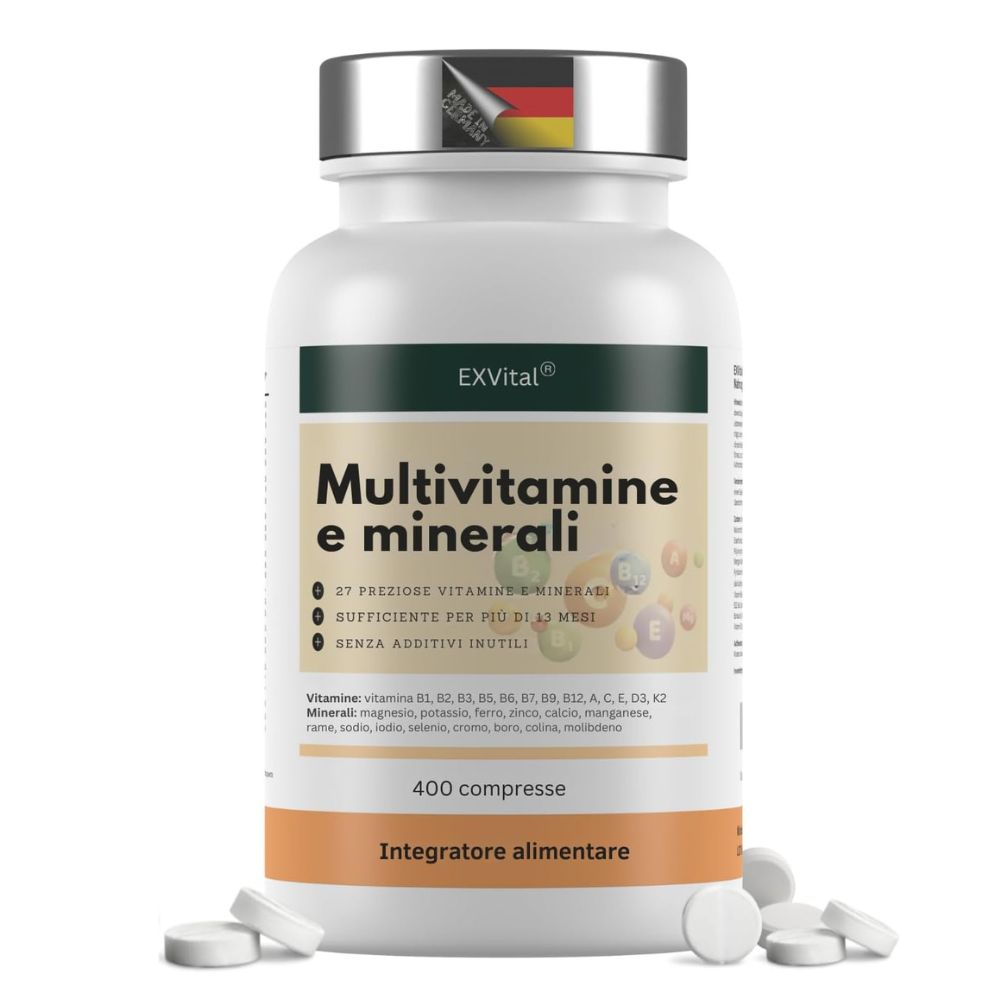 Flacone di compresse multivitaminiche. Testo: 27 vitamine e minerali, 13 mesi di fornitura, senza additivi inutili.