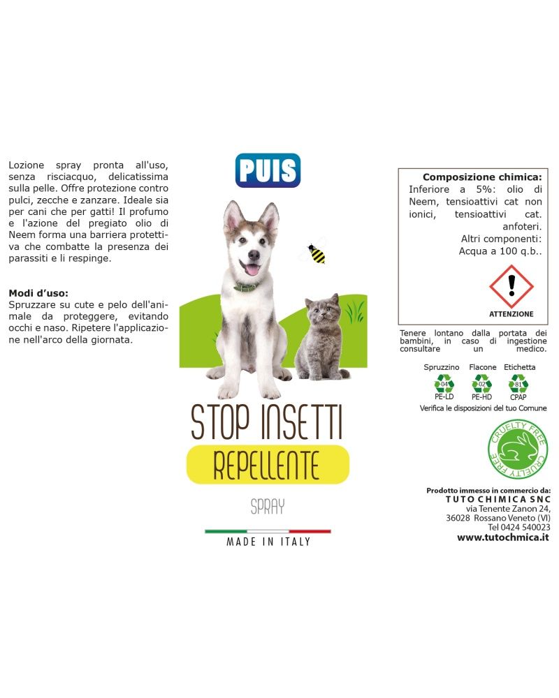 Puis spray Stop Insetti, Pulci, Zecche, Zanzare per animali domestici