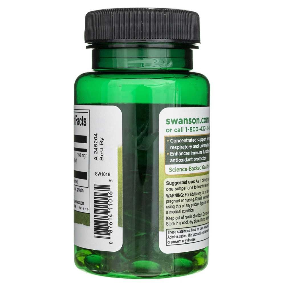 Lato del flacone di olio di origano Swanson con benefici del prodotto e caratteristiche di qualità.