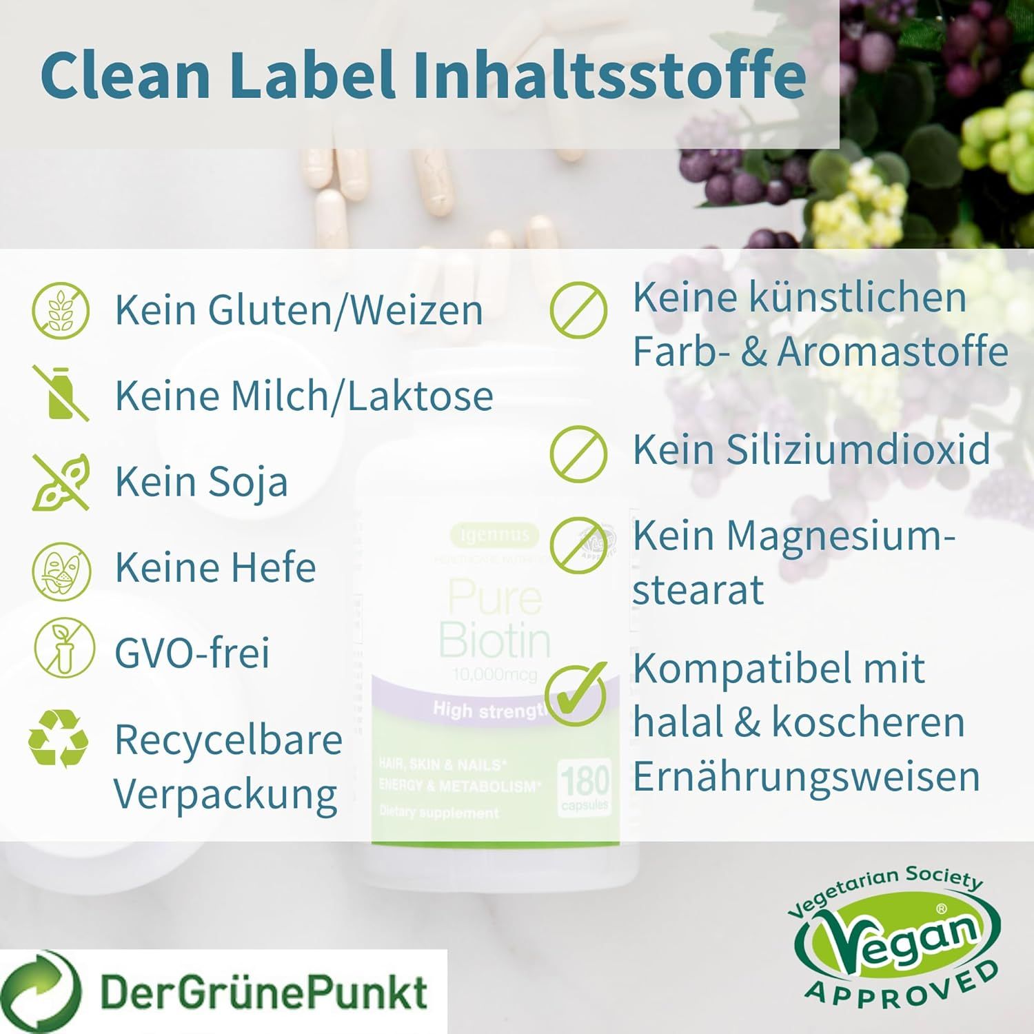 Elenco degli ingredienti. Testo: Kein Gluten/Weizen, keine künstlichen Farb- & Aromastoffe. Certificazione vegana.