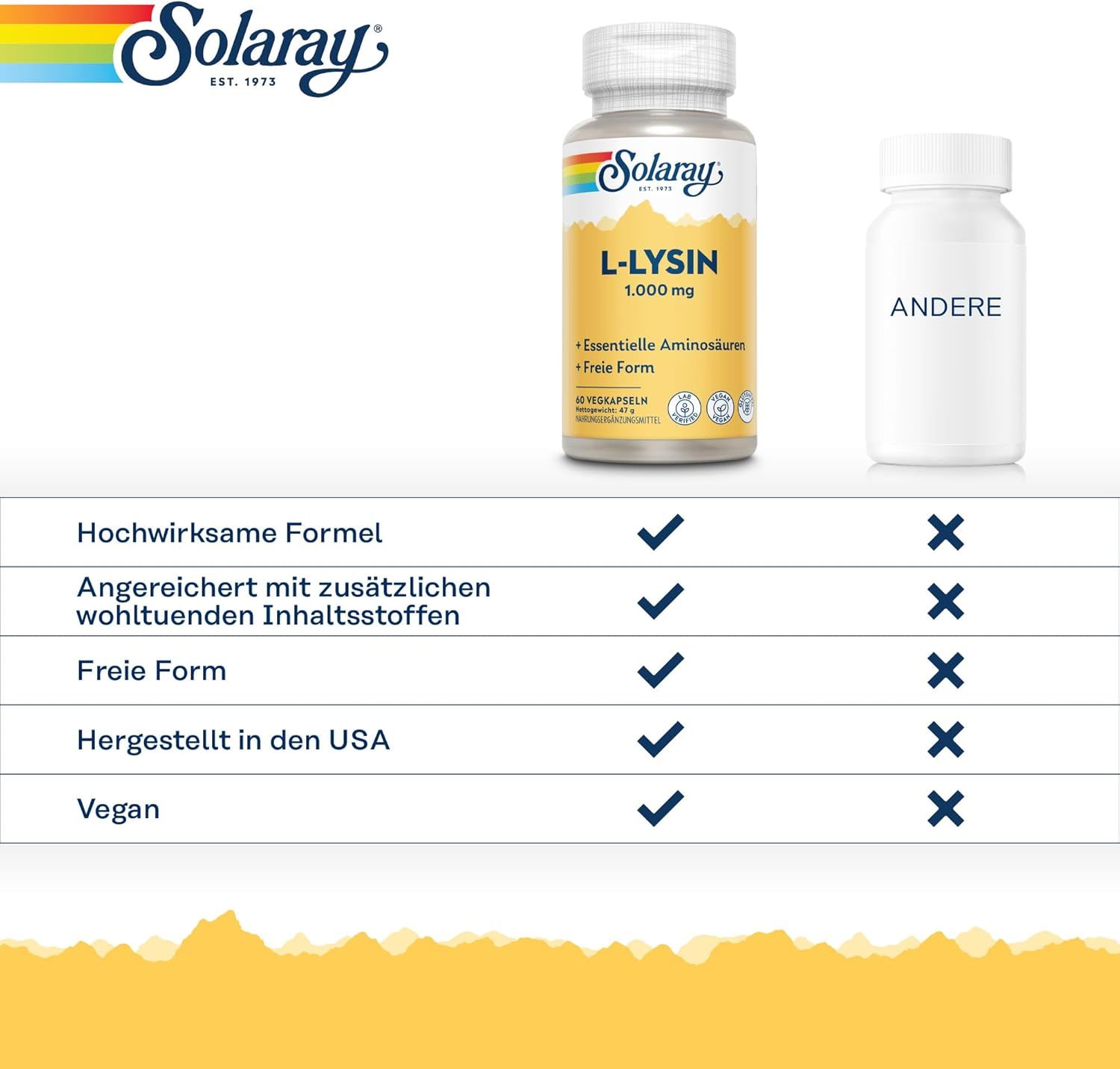 Tabella comparativa: Capsule Solaray L-Lisina vs. altre. Caratteristiche: Alta potenza, vegano, prodotto negli Stati Uniti.
