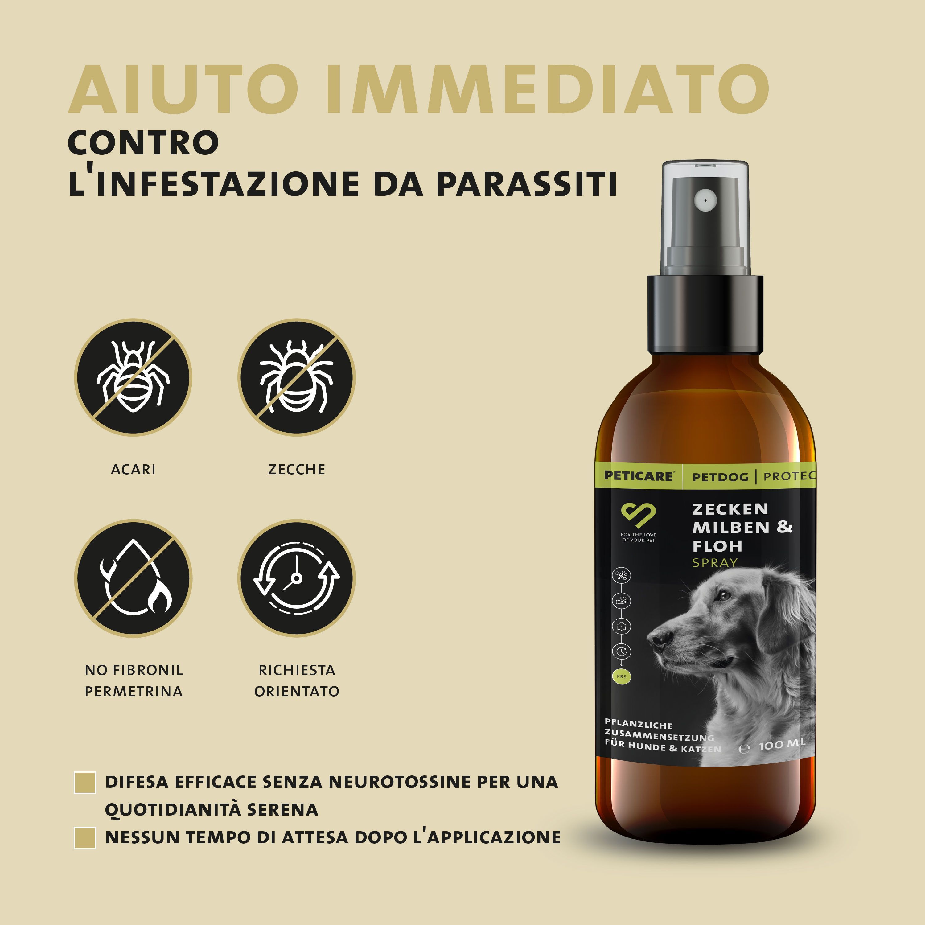 Peticare spray zecche cani e gatti, difesa immediata contro parassiti con effetto repellente