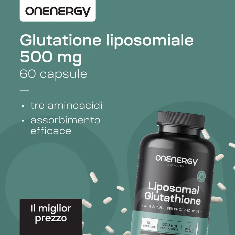 Flacone con capsule. Testo: Glutatione liposomiale 500 mg, 60 capsule, 3 aminoacidi, assorbimento efficace.